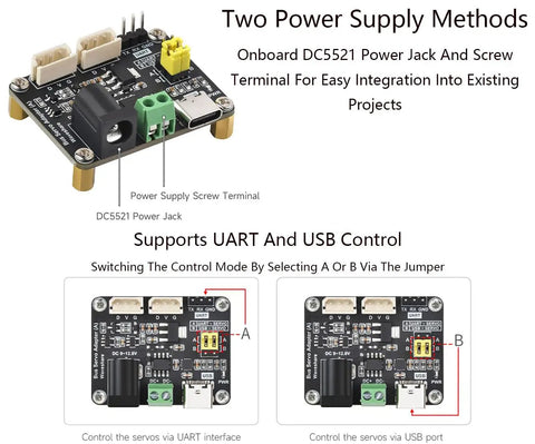 Two Pack Serial Bus Servo Driver Board With Integrated Power Supply And Control Circuit for ST and SC series, showing dual power supply methods.