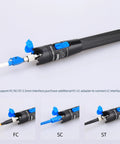 Aluminum pen-type fiber optic visual fault locator with blue flip cap and 2.5 mm FC/SC/ST adapters, black textured grip.