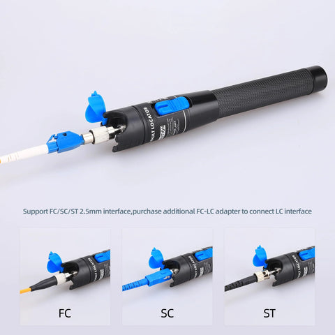 Aluminum pen-type fiber optic visual fault locator with blue flip cap and 2.5 mm FC/SC/ST adapters, black textured grip.
