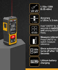 Ultra Compact Laser Distance Meter With 135 Ft Range Rechargeable Battery Handy Mini Tool For Quick DIY Measurements ABS Body Comfortable Grip On The Go Includes Hand Strap, front view