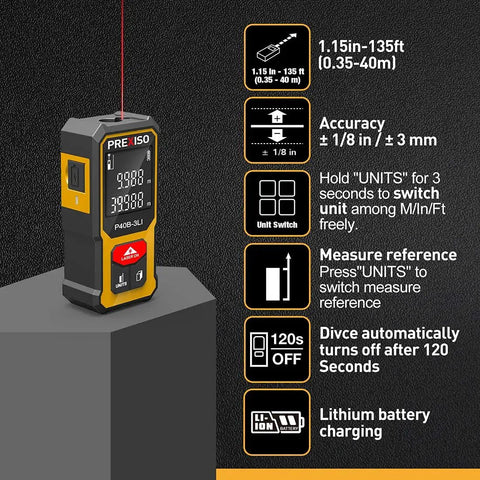 Ultra Compact Laser Distance Meter With 135 Ft Range Rechargeable Battery Handy Mini Tool For Quick DIY Measurements ABS Body Comfortable Grip On The Go Includes Hand Strap, front view
