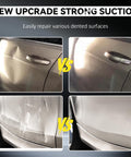 Before and after using Upgraded DIY Car Dent Puller Kit With 3 Pack Handheld Pullers on car door and bumper.