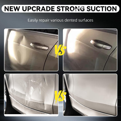 Before and after using Upgraded DIY Car Dent Puller Kit With 3 Pack Handheld Pullers on car door and bumper.