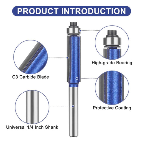 Pro Straight Flush Trim Router Bit Set With Top Bearing, 1/4 Inch Shank, showing components and features like C3 carbide blades