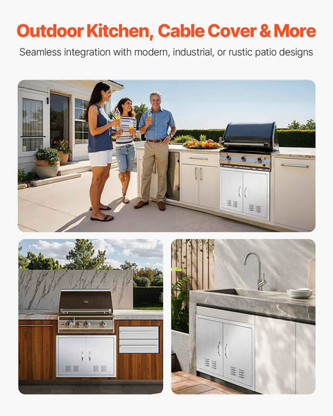 Outdoor Kitchen Access Door 30W X 21H Inches in 304 Stainless Steel double doors with vents installed in BBQ island.
