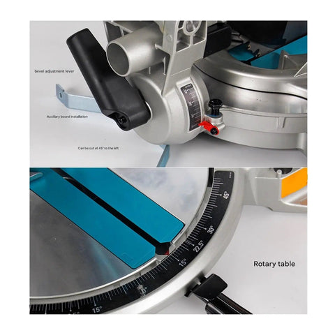 Bevel adjustment lever and rotary table on Heavy Duty Woodworking Table Saw With Miter Guide And Aluminum Rail 1650W Motor.