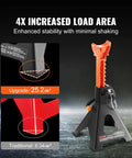 Beefy 3 Ton Car Jack Stands With Double Locking Adjustable Height From Ten Point Eight To Sixteen Point Three Inches Heavy Duty Lift For SUV Pickup Car And UTV ATV Red Finish Comes As A Pair, shown with increased load area for enhanced stability.