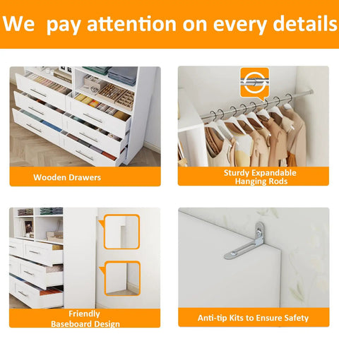 Game-Changing Modular Closet System With 6 Wooden Drawers And Corner Config, Heavy-Duty Walk-In Wardrobe Organizer With 7 Hanging Rods showcasing wooden drawers and sturdy hanging rods.