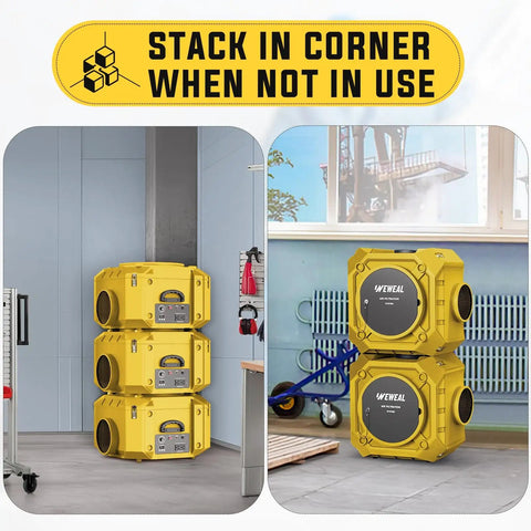 Stackable Negative Air Machine With 3 Stage Filtration MERV 10 Pre Filter Activated Carbon True HEPA For Heavy Duty Clean Air At Home Shop Or Construction Sites Odor Smoke Dust Removal stacked in corner of room