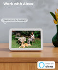 Smart display showing Solar Outdoor Security Camera With Floodlight in use, voice control via Alexa for floodlight activation.