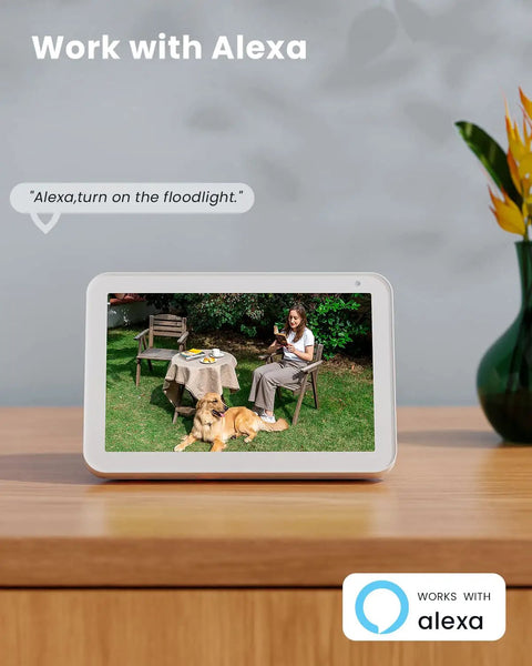 Smart display showing Solar Outdoor Security Camera With Floodlight in use, voice control via Alexa for floodlight activation.