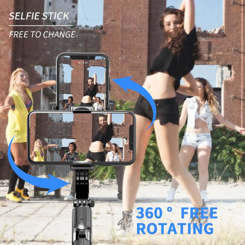 Smartphone Gimbal Stabilizer With Retractable Selfie Stick And Tripod, 360 Degree Rotation capturing dancing girls outdoors.