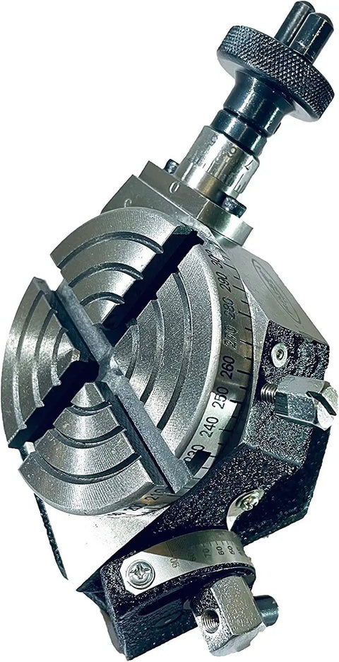 3 Inch Tilting Rotary Table With 70mm 4 Jaw Independent Dog Chuck And M6 Clamp Kit for milling, showing close-up of table surface.