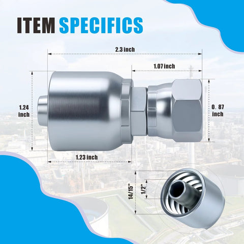 Close-up view of hydraulic hose fittings JIC 37 degree with dimensions, showcasing high strength and corrosion resistance.