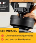 Installation of 18-Inch Garage Wall Mount Fan with 5400 CFM airflow on wooden surface, showing hands screwing bracket.