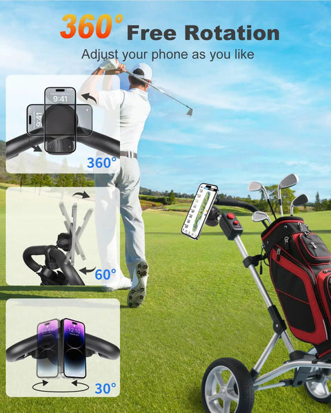 MagSafe Golf Push Cart Phone Holder With 360 Degree Rotation Hands Free Mount With Strong Magnets For All Phones on cart