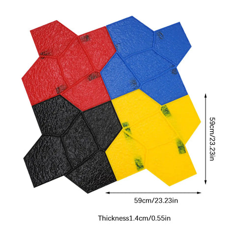 Set Of Four Concrete Stamp Mats 23.23x23.23x0.55in Lightweight PU Texturing Skins in red, blue, yellow, and black, showing texture and dimensions.