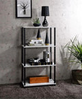 Dope Industrial Style 4 Shelf Bookshelf With Antique White Shelves And Black Powder Coated Metal Frame displayed with decor items