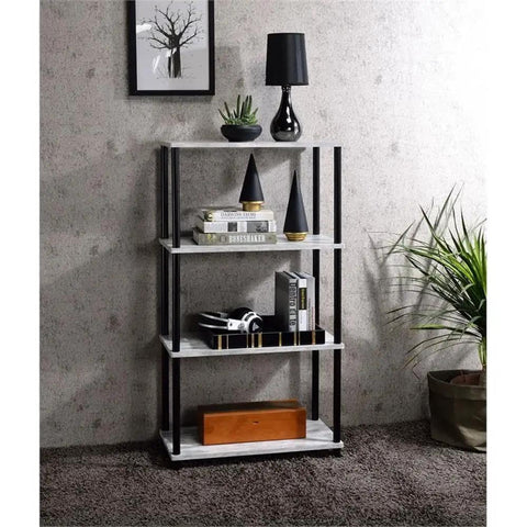 Dope Industrial Style 4 Shelf Bookshelf With Antique White Shelves And Black Powder Coated Metal Frame displayed with decor items