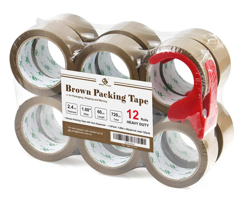 Brown Packing Tape Refills, Heavy Duty Pack With Free Dispenser For Packaging, Shipping And Moving, 12 Rolls