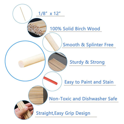 Top Shelf 1/8 X 12 Inch Wooden Dowel Rods 150 Pack For Crafts And Diy Projects Ultra Smooth Hardwood Sticks shown with details.