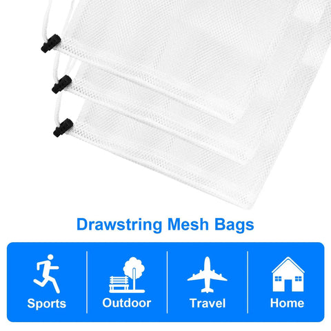3 Pack Mesh Ball Bags Set Nylon Drawstring Organizer Bags 10x11.5 Inches close-up with cord lock closure