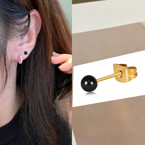 Dope Dainty Ball Stud Earrings Set For Women And Men, 3mm Tiny Black Hand Painted Enamel Color, Hypoallergenic Surgical Steel With 14K Gold Plated Option, Great For Second Piercings And Multiple Holes, Everyday Cute Jewelry, black stud on ear