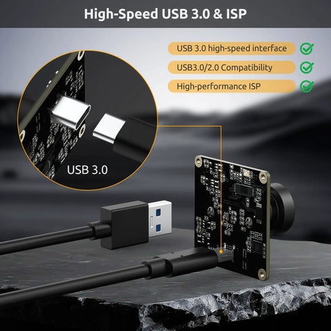 USB 3.0 UVC Camera Module With IMX415 Sensor, No Fuss Setup, USB connector close-up on board showing compatibility
