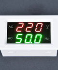 Zero Fuss Dual Led Ac Voltmeter And Ammeter Combo Reading 80 To 500 Volts Plus 45 To 65 Hertz Frequency Data For Car Boat House And DIY Setup Project White with voltage and frequency display.