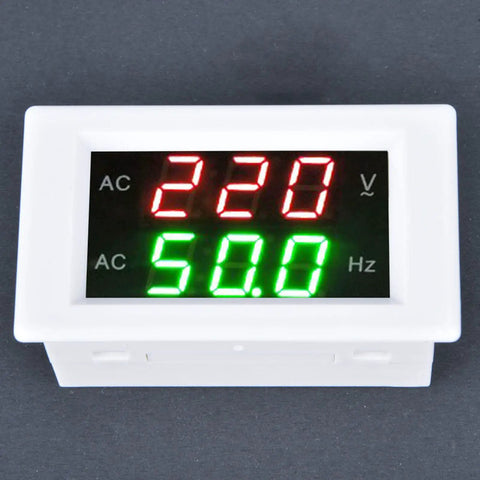 Zero Fuss Dual Led Ac Voltmeter And Ammeter Combo Reading 80 To 500 Volts Plus 45 To 65 Hertz Frequency Data For Car Boat House And DIY Setup Project White with voltage and frequency display.