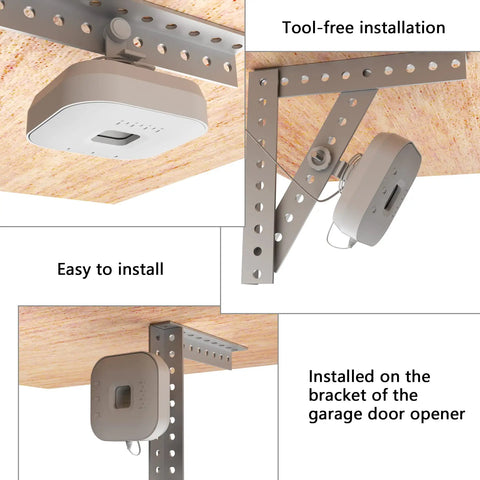 No Drill Mount Bracket For Chamberlain Garage Door Opener, Damage-Free Installation, shown installed on garage ceiling.
