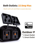 Outdoor Z Wave Dual Smart Outlet With Waterproof Dual Socket No Fuss Repeater Built In Hub Required Works With SmartThings Wink Alexa Google Assistant showing 15A max load capacity.