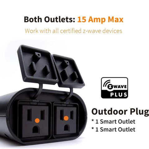 Outdoor Z Wave Dual Smart Outlet With Waterproof Dual Socket No Fuss Repeater Built In Hub Required Works With SmartThings Wink Alexa Google Assistant showing 15A max load capacity.