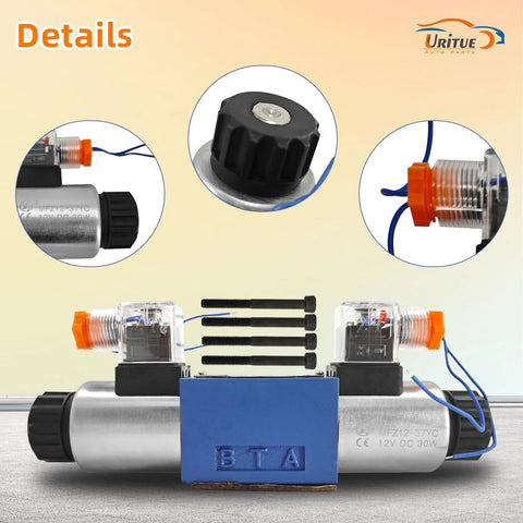 Uritue 12V DC hydraulic directional solenoid valve kit with blue BTA block and dual solenoids, orange port fittings.