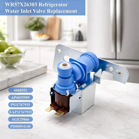WR57X26303 refrigerator water inlet valve replacement shown on countertop