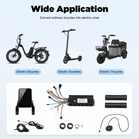 Brushless Electric Bicycle Controller Kit 36V And 48V 750-1200W With FOC Sine Wave For Ultra Quiet, Ultra Smooth Ride, Effortless City Commute, Weekend Cruisin, And Quick Performance Upgrades. Kit with LCD, throttle, wiring and sensors for e-bikes, scooters, tricycles.