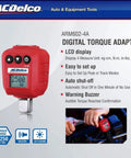 Heavy Duty Half Inch Drive Digital Torque Adapter With Real Time Torque Readout Buzzer And LED Flash 25 To 250 Foot Pounds ISO 6789 Certified With Calibration Certificate shown with LCD display and control buttons.
