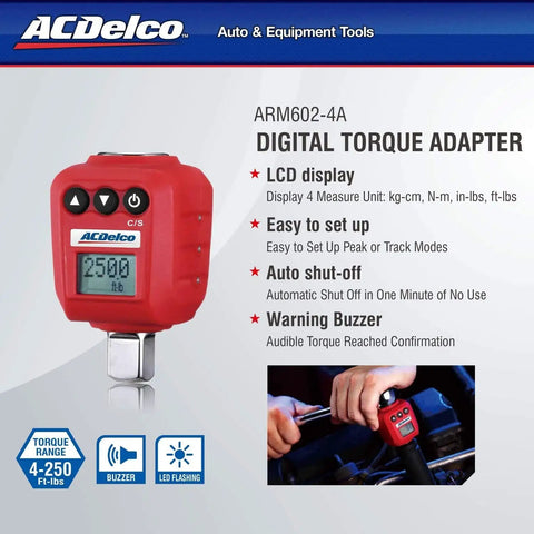 Heavy Duty Half Inch Drive Digital Torque Adapter With Real Time Torque Readout Buzzer And LED Flash 25 To 250 Foot Pounds ISO 6789 Certified With Calibration Certificate shown with LCD display and control buttons.