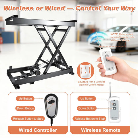 Electric Scissor Lift Table 280 Lbs Capacity Adjustable Height 7.1 To 26.4 In with wireless and wired controls in a workshop.