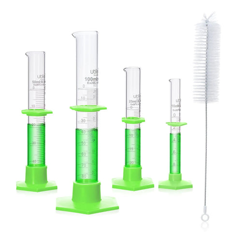 Pro Grade Glass Graduated Cylinder Set With 10ml 25ml 50ml And 100ml Sizes Plus Cylinder Brush, 3.3 Borosilicate Glass With Hex Base