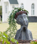 Face Head Planter Pot For Succulents And Small Plants With Drainage Hole, Big Farmhouse Vibe Decor, Gray Concrete Finish