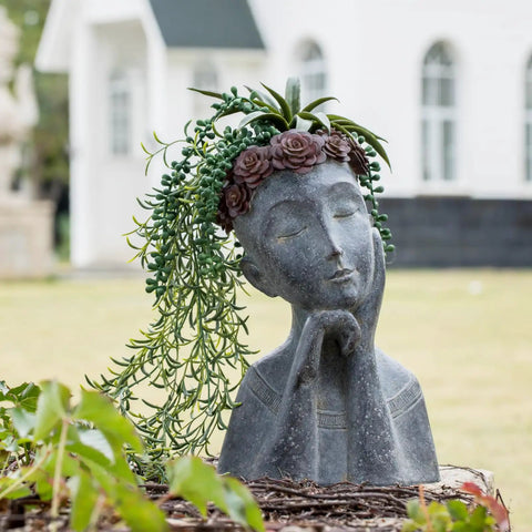 Face Head Planter Pot For Succulents And Small Plants With Drainage Hole, Big Farmhouse Vibe Decor, Gray Concrete Finish