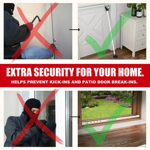 Image of 3 In 1 Door Security Bar And Barricade For Home Apartment Or Travel, Beefed Up Heavy Duty Adjustable Iron Lock Bar With Sliding Door And Window Security Stopper And Interchangeable Caps For Hinged Doors, showing effective home security with two safety setups.