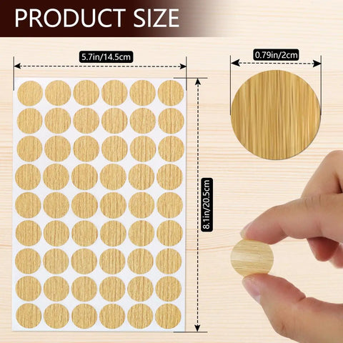Sheet of screw hole cover stickers, size 5.7in x 8.1in, individual 0.79in yellow caps, part of 648 Piece Screw Hole Cover Sticker Set In 12 Colors.
