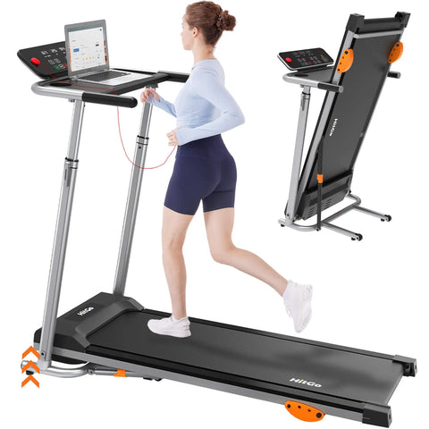 2 In 1 Folding Treadmill With Height Adjustable Desk For Home Office Use, Standalone Workout Machine Reaches Up To 8 MPH, Pneumatic Vertical Fold, 265 Lb Capacity, Black