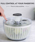 Big Ol 6.3 Qt Salad Spinner With Fully Removable Lid One Hand Press Pump Instant Stop Brake Button on countertop