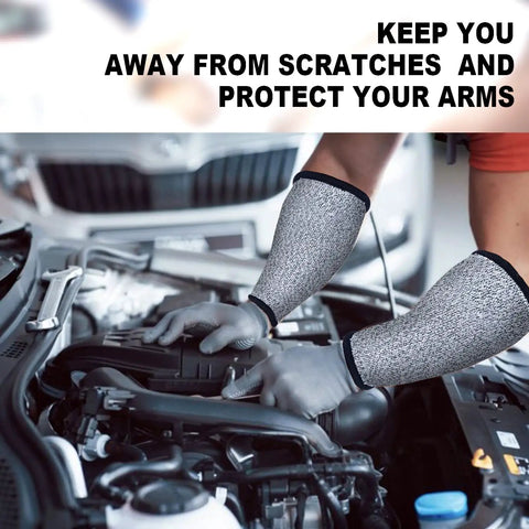 Person working on car engine wearing cut resistant arm sleeves with Level 5 protection and 10 inch length, black and gray, 3 pairs