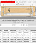 Diagram of Undermount Soft Close Drawer Slides Bottom Mounted 9 To 24 Inch Ball Bearing Rails with measurements and guide