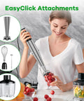 Woman using Heavy Duty Immersion Blender Handheld Corded 1100W Full Copper Motor 5-in-1 Hand Blender Set with EasyClick attachments.