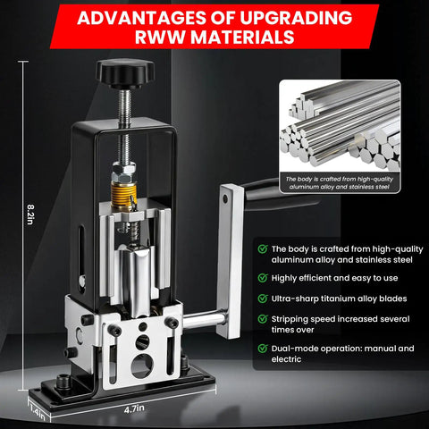 Dual Drive Wire Stripper Machine with Electric and Hand Crank, high-quality aluminum and stainless steel materials, 8.2in x 4.7in
